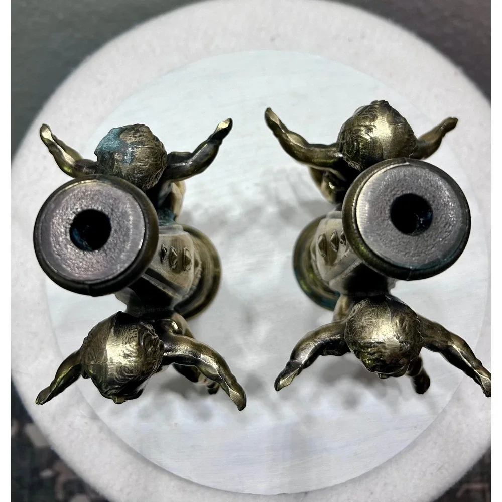 Vintage Cherub Brass Tone Candle Holder Pair Ornate Putti Neoclassical Decor Set